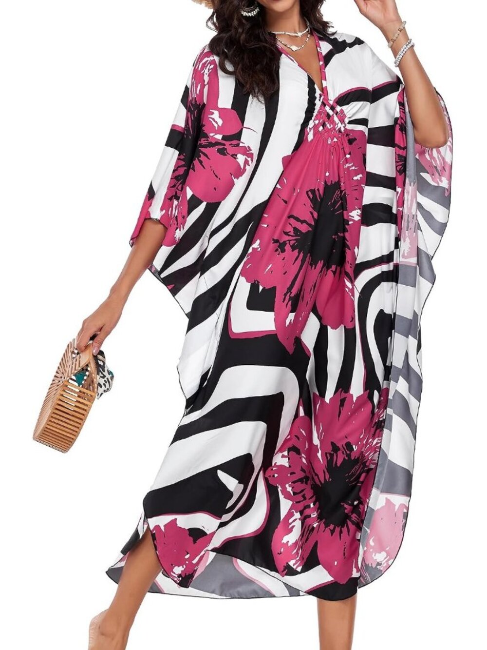 Women Rosy Red Flower Polyester Plus Size V Neck Printed Batwing Sleeves Coverup - Picture 2 of 6
